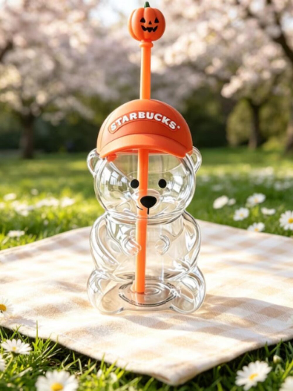 3D Bear Glass Cup with Seasonal Lid & Straw Cap